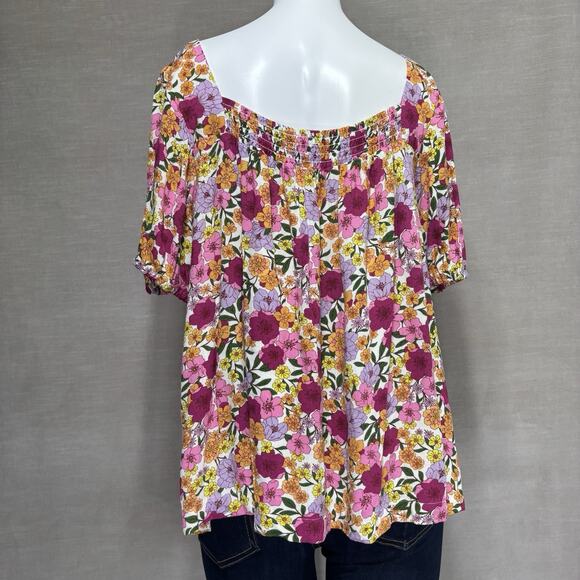 Draper James RSVP Bold Boho Floral Puff Sleeve Square Neck Lined Top Size Large - Picture 2 of 7